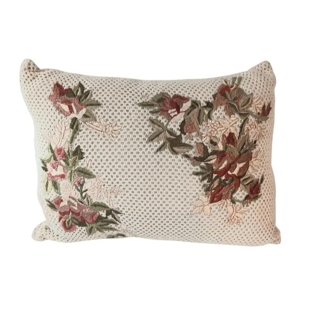 Floral Embroidered Pillow Cream Pink Rust Green Cottagecore Rectangle 15